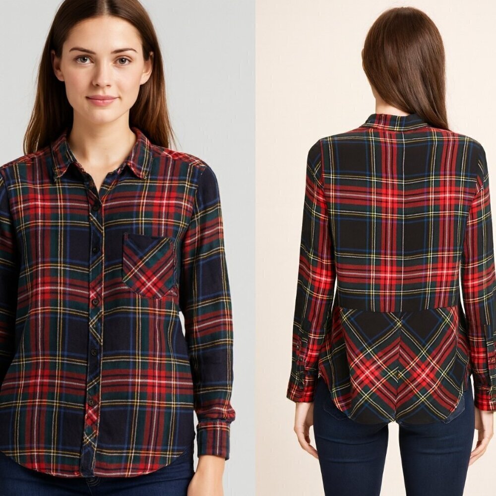 Beachlunchlounge Plaid Button Up Flannel Top Women's Sz XS